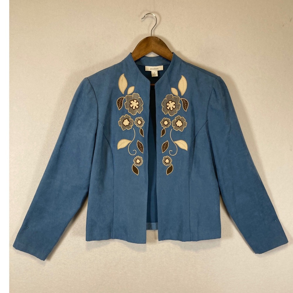 Floral‎ Earthy Dressbarn Women M Blue Faux Suede Embroidered Floral Open Jacket